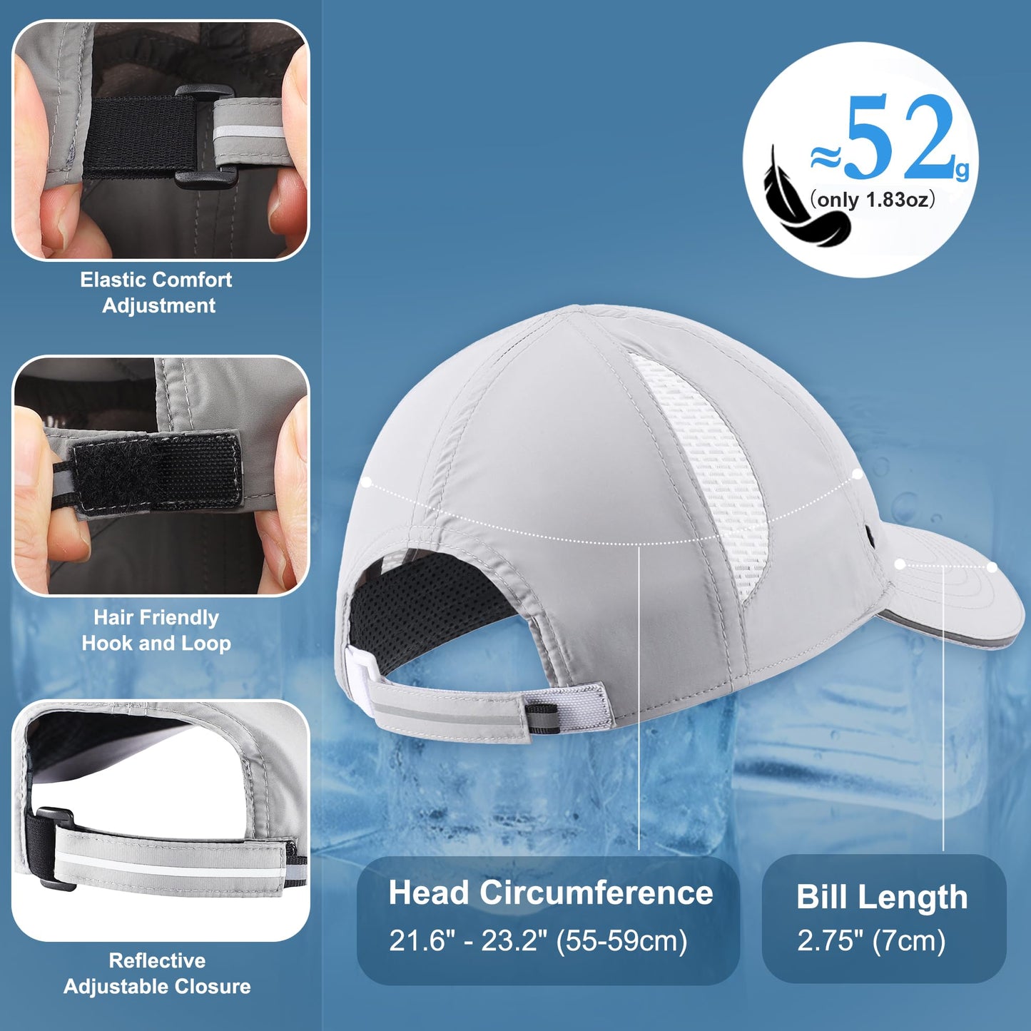 Connectyle Mens Quick Dry Fitness Hat Adjustable Baseball Sports Cap Lightweight Workout Hat Tennis Golf Cap Women Light Grey