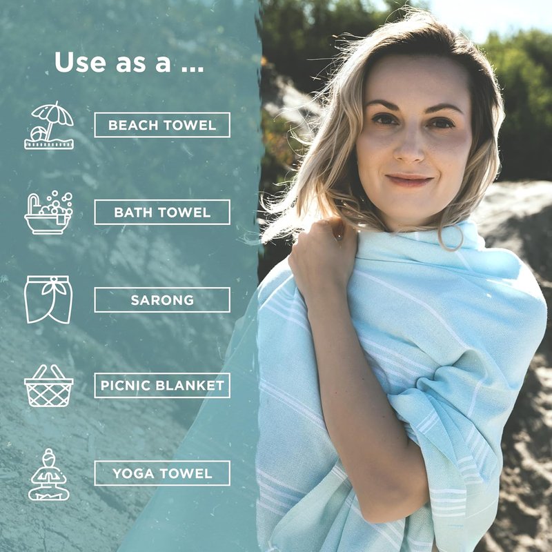 Turkish Beach Towel - Large Super Soft & Lightweight Quick Dry | Classic Powder Blue, Sand-Free Organic Cotton