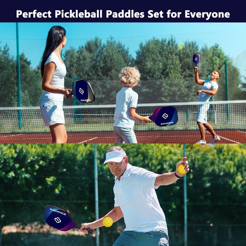 ENERFACE Pickleball Paddles: 2 Wooden Rackets with 2 Balls & Carry Box, Adult, Intermediate, 7.8 x 15.75 Inches, Yellow+Green/Blue+Pink