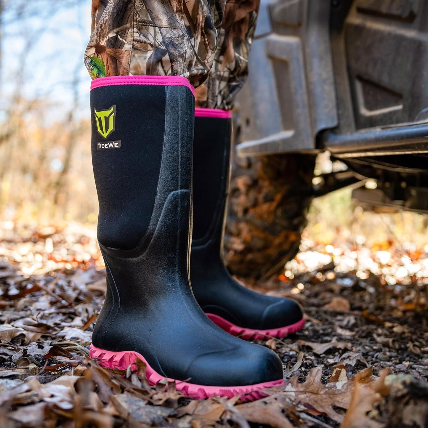 TIDEWE Waterproof Rubber Boots for Women - 6mm Neoprene Outdoor Hunting Footwear | Camo Pink & Green
