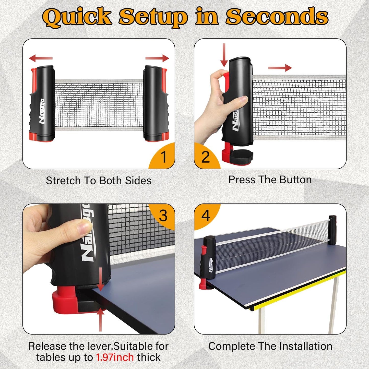 Naissgo Table Tennis Set with Retractable Net, Portable Ping Pong Paddle Set with 2 Rackets, 8 Balls and Mesh Bag, Easy Setup Table Tennis Kit for Indoor Outdoor, Beginners, Home and Office