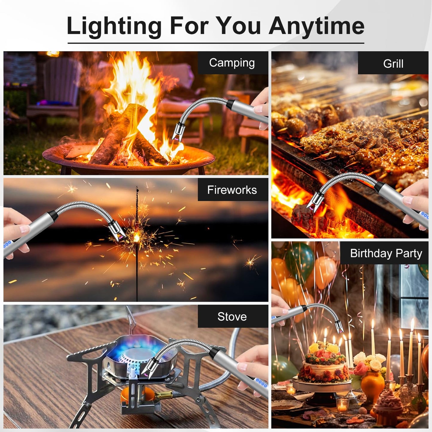 LcFun 3 Pack Electric Candle Lighter Windproof USB Rechargeable Plasma Lighter with LED Battery Display, Flameless Long Arc Lighters for Grill BBQ Camping Fireplace Stove(Black,Silver,Gold)