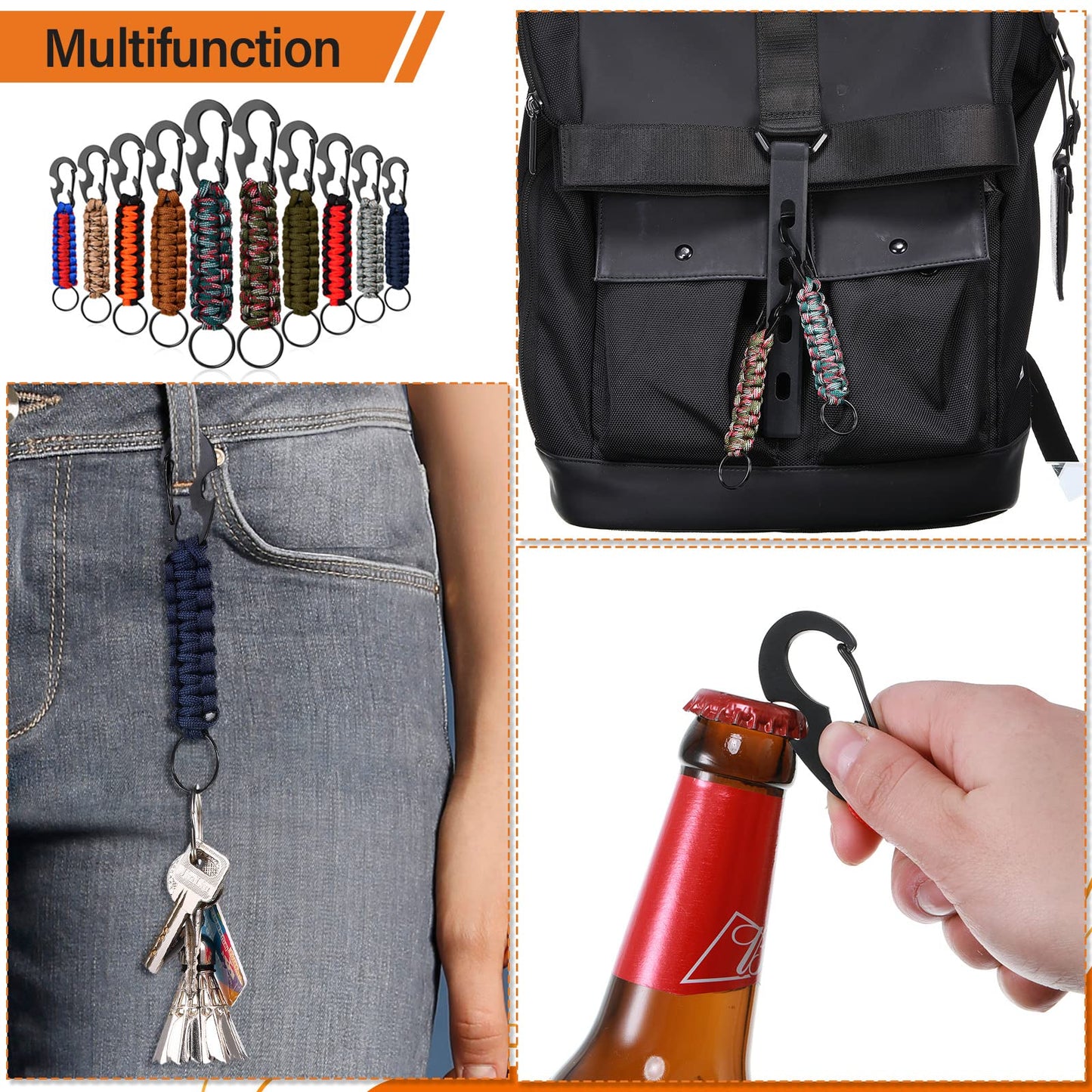 MTLEE 10 Pcs Paracord Keychain Lanyard Military Braided Keychain Tactical Rope Bottle Opener Heavy Duty Hook for Outdoor Survival Camping Hiking