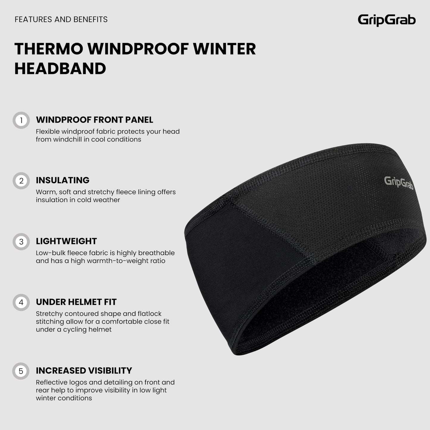 GripGrab Thermal Winter Cycling Headband with Windproof Forehead Lightweight Under Helmet Bicycle Head Band Running Headband