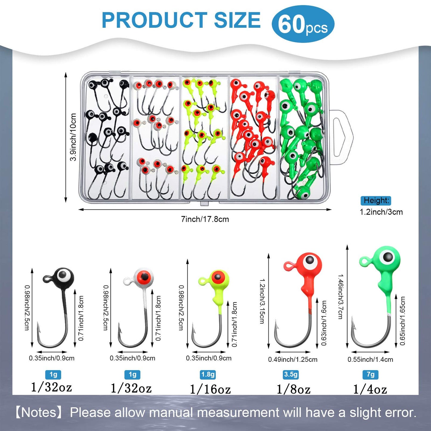 Skylety 60 Pcs Crappie Jig Heads for Fishing Lures Baits Hooks for Freshwater Saltwater Bass Trout(1/16 oz,Bright Colors)
