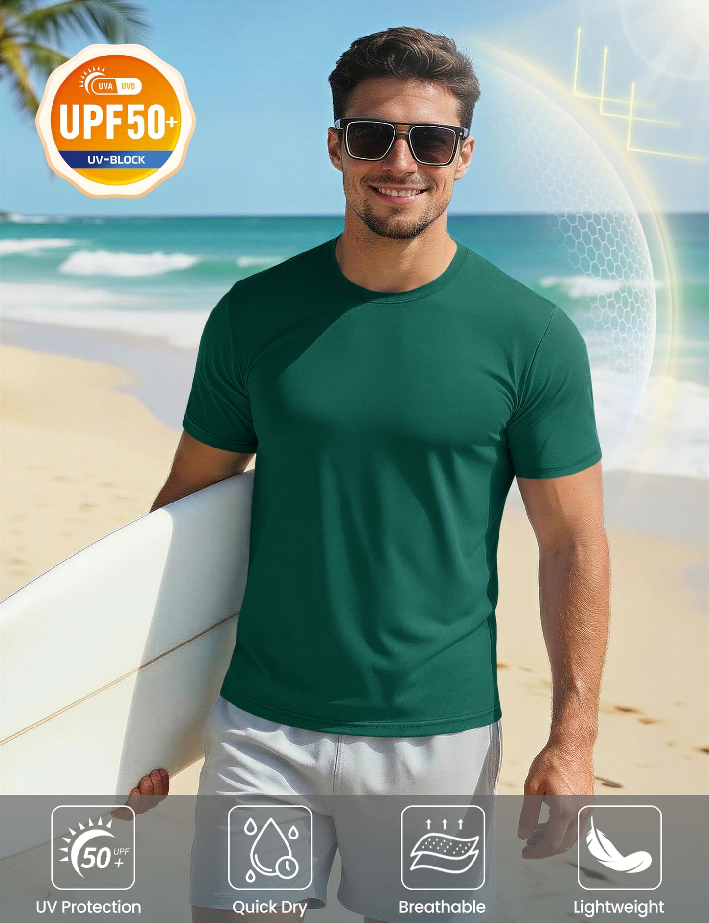 Mens Short Sleeve Shirts Lightweight T-Shirt Sun Protection Rash Guards Shirts Gym Tshirts Base Layer Running Shirts Active Shirts Emerald Green