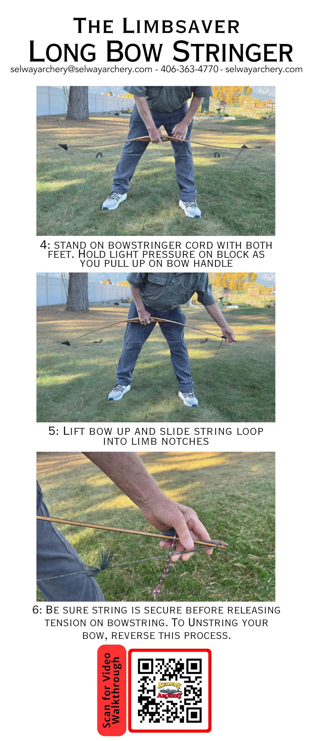 Selway Archery Long Bow Stringer Tool | Original Design Est. 1995 | Safe & Easy Stringing to Prevent Limb Twist (Neon Orange)