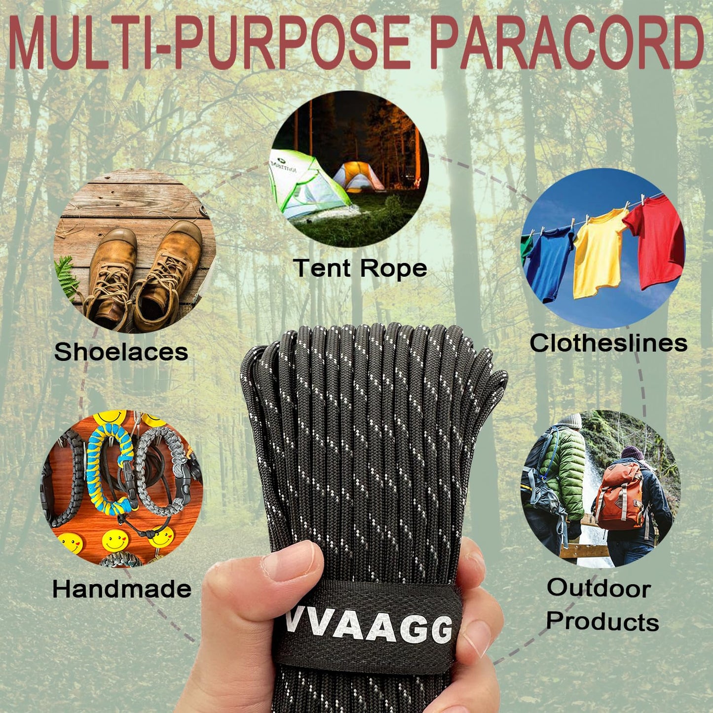 VVAAGG 550 Paracord 100FT 4mm Durable Camping Rope, Tent Rope, Clothsline Rope, Marine Weatherproof Rope, Nylon Parachute Cord Rope (Black with White)