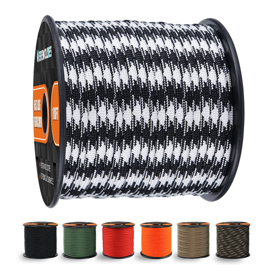 650lb Paracord/Parachute Cord - 9 Strand Paracord Rope - 100', 200' Spools of Parachute Cord, Type III Paracord for Camping, Hiking and Survival (Black White Camo, 100 Feet)