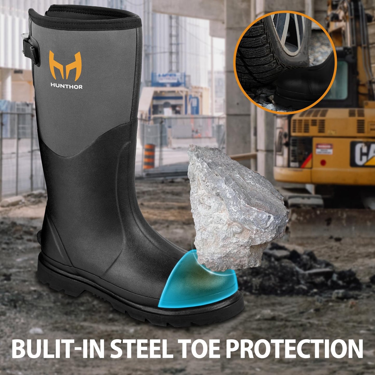Hunthor Rubber Work Boots, Puncture-Proof with Steel Toe & Shank, Waterproof Insulated 6mm Neoprene Hunting Boots for Farming, Construction, Gardening, Fishing, Outdoor Work