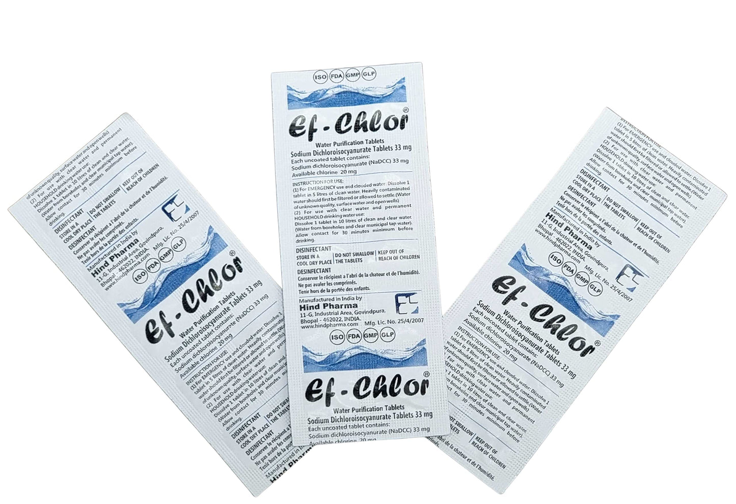 Ef-Chlor Water Purification Tablets/Drops (33 mg - 100 Tablets) - Potable Drinking Water Treatment Ideal for Emergencies, Survival, Travel, and Camping, Purifies 2.64 Gallons in 1 Tablet