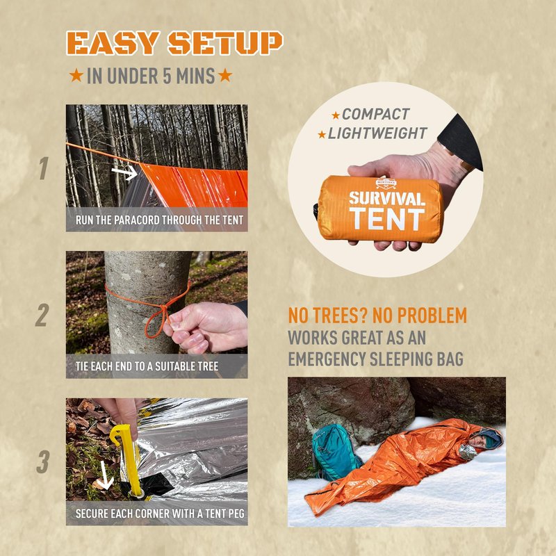 Monterra Emergency Tent, 2 Person Survival Shelter, Thermal Mylar, Waterproof, Outdoor Camping Gear and Equipment, Survival Kits, Compact Bivvy Tarp, includes Paracord and Accessories.
