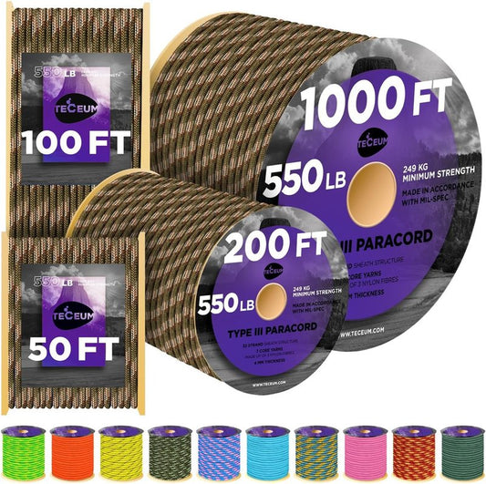 Reflective Paracord Rope - 1000ft Utility Rope for Survival | Glow in The Dark, 40+ Colors Available