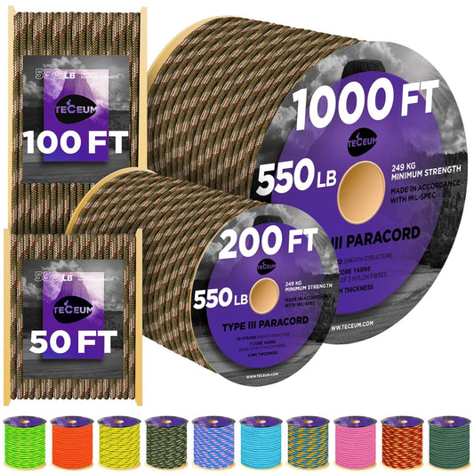 TECEUM Paracord Type III 550 Fall Camo – 50 ft – 4mm – Tactical Rope MIL-SPEC – Outdoor para Cord –Camping Hiking Fishing Gear and Equipment – EDC Parachute Cord – Strong Survival Rope 767b