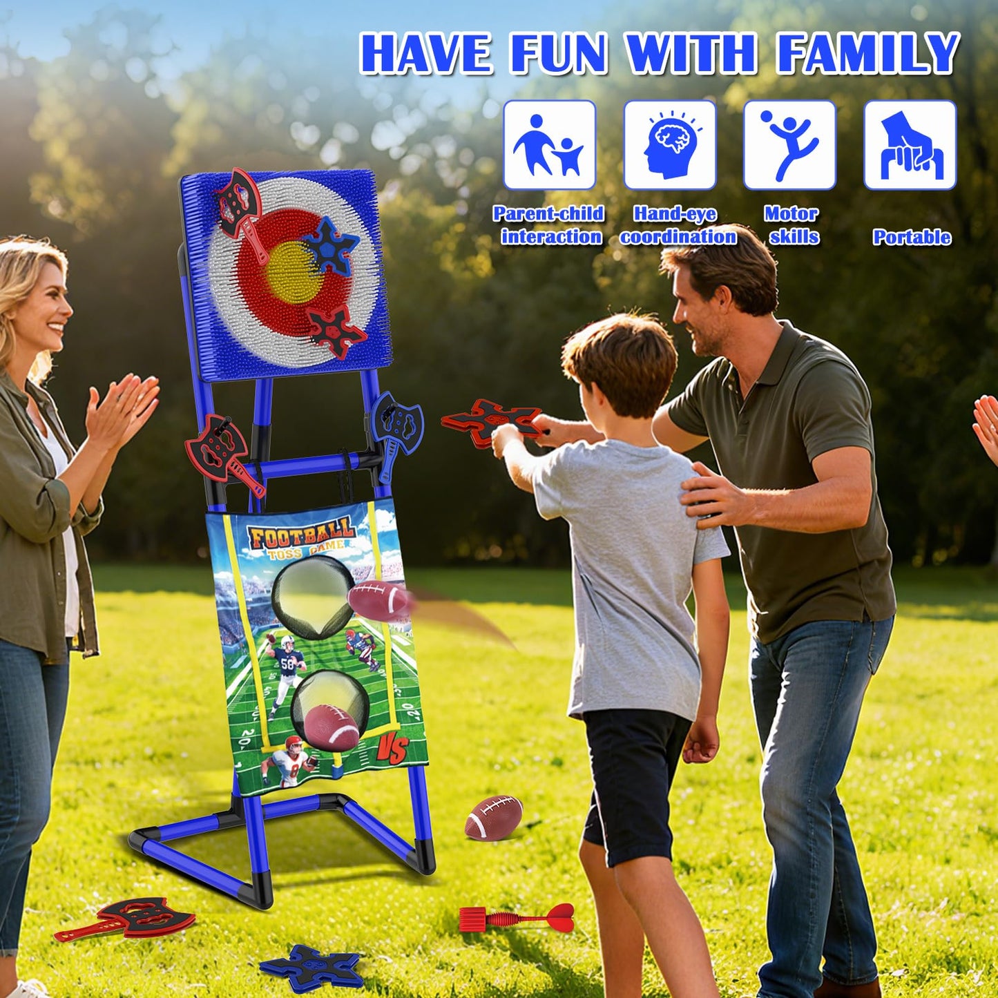VATOS 2-in-1 Axe & Football Throwing Game Set, Bristle Axe Toss Target with 16 pcs Safe Darts, Portable Outdoor & Indoor Backyard Games for Teens and Adults, Lawn Carnival, Camping Party Toy Gift