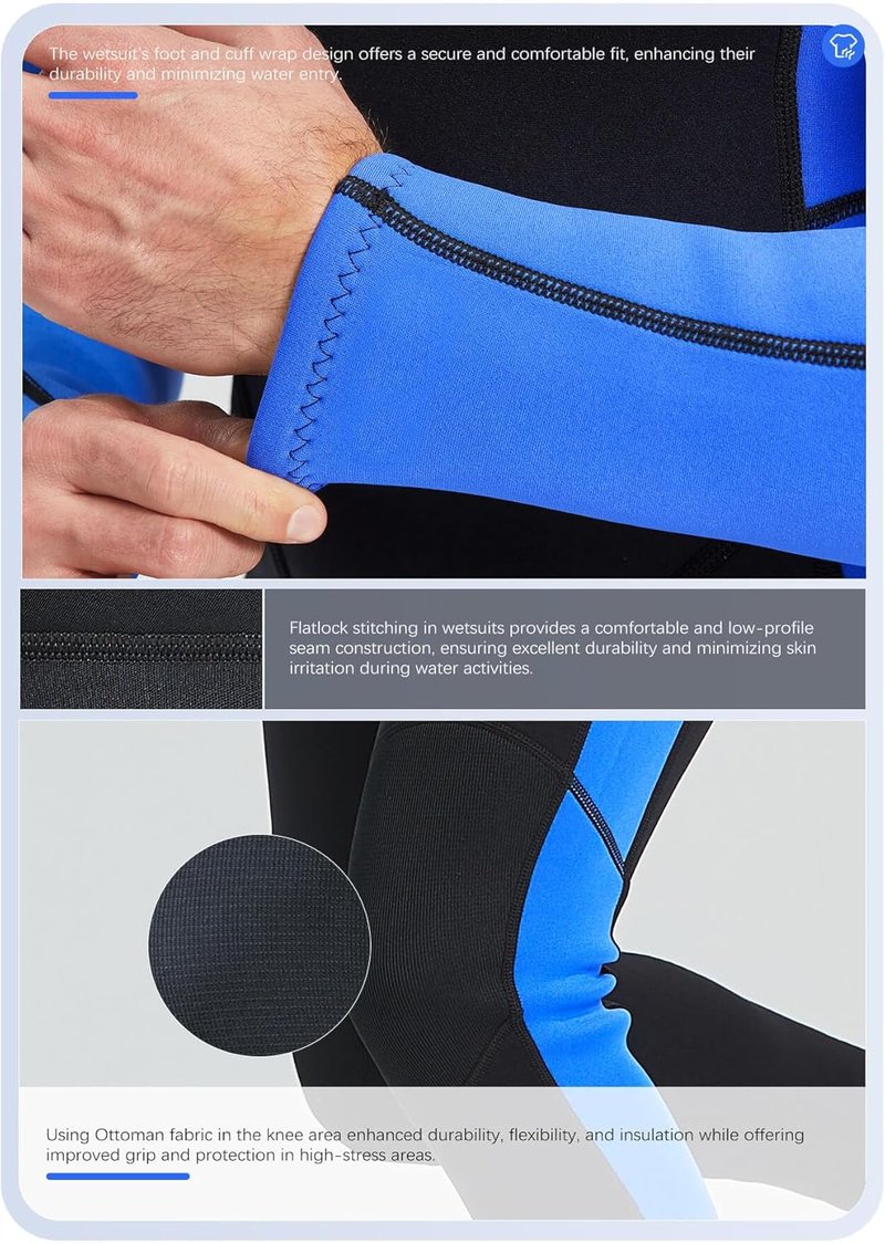 Hevto Men’s 3/2mm Neoprene Wetsuit - Front & Back Zip for Cold Water Surfing, Swimming, Diving