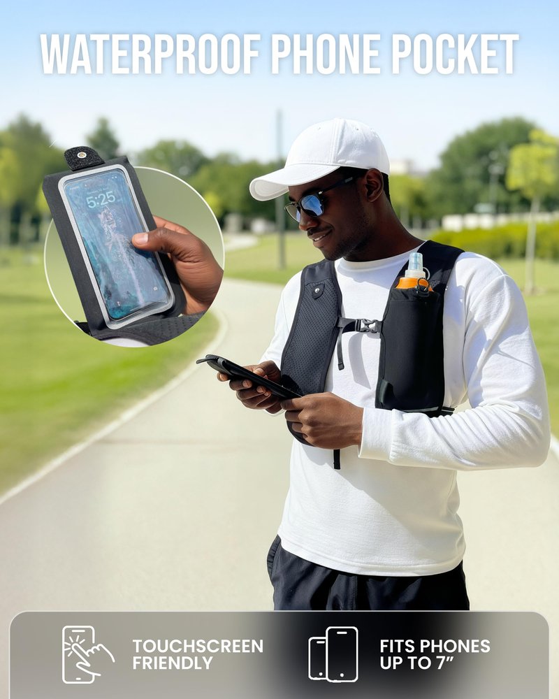 RUNLIX Running Vest for Women Men-Reflective Running Hydration Vest with 500ml Soft Water Bottle, Phone Holder, 2 LED Lights USB Rechargeable-7 Pockets Runners Backpack Marathon (Black, Medium-Large)