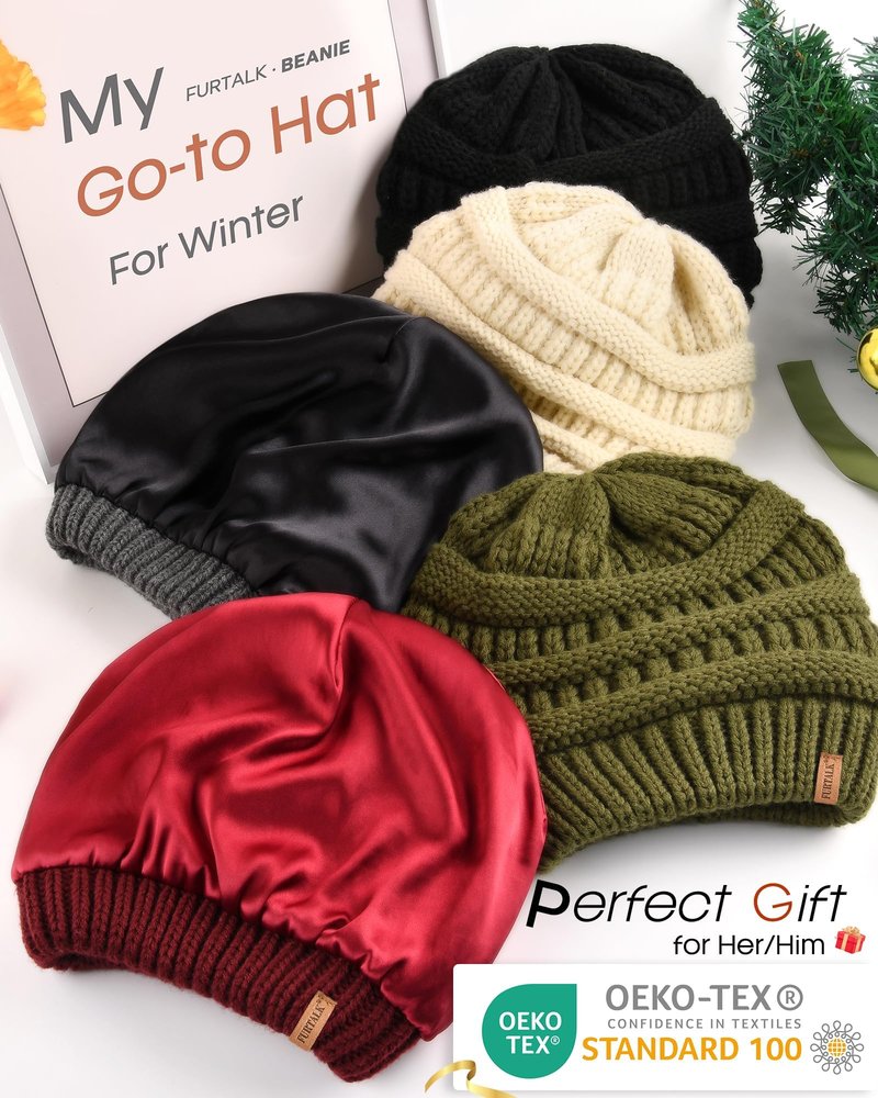 FURTALK Womes Slouchy Winter Beanie Knit Hat Satin Lined 3 Pack Thick Warm Fashionable Skull Cap