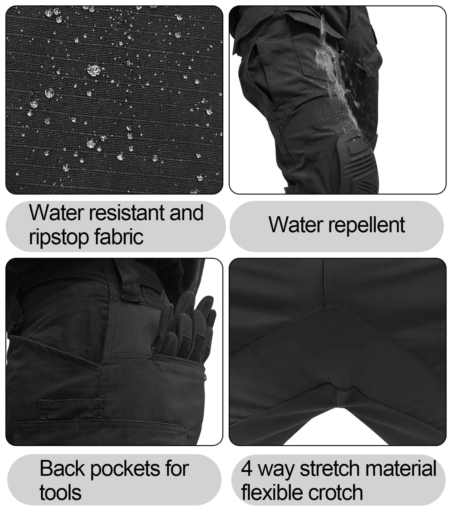 MERJAZ Men’s Tactical Pants with Knee Pads Waterproof G3 Combat Pants Camo Cargo Pants with 10 Pockets No Belt Black 34