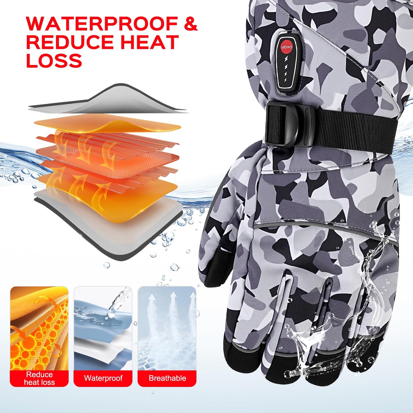 Acroutro Heated Gloves for Men&Women, 5-Temp Settings Camouflage Rechargeable with 7.4V 6400mAh Rechargeable Battery, Waterproof Touchscreen Winter Gloves for Skiing,Motorcycle, Work, Hunting（L）