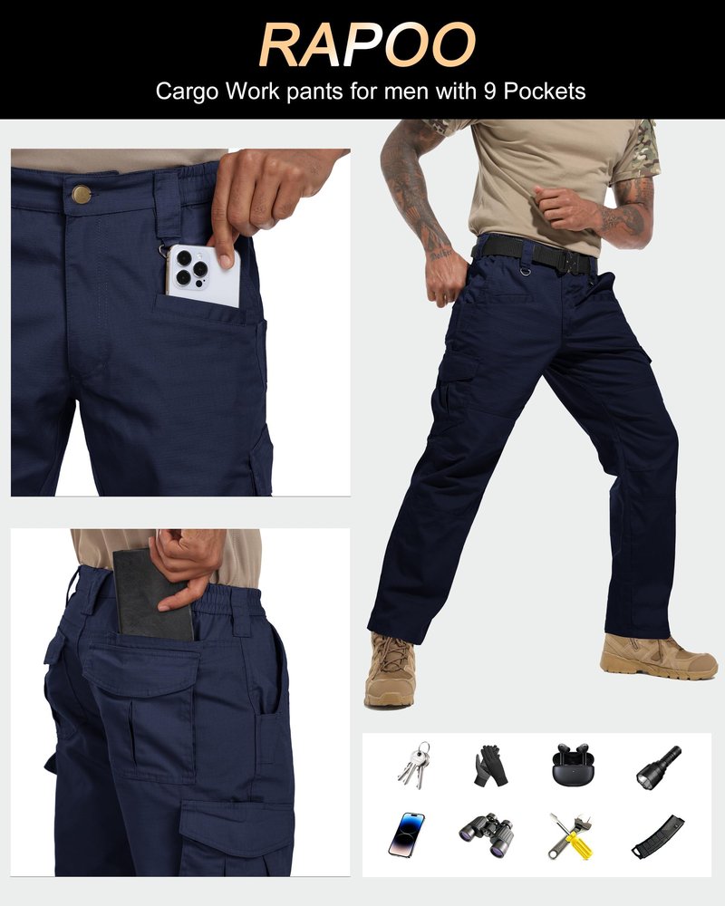 Rapoo Cargo Pants for Men Waterproof Hiking Work Tactical Military Army Pants for Men with Pockets Mens Ripstop Construction Carpenter Hunting Pants Outdoor Navy 34Wx32L