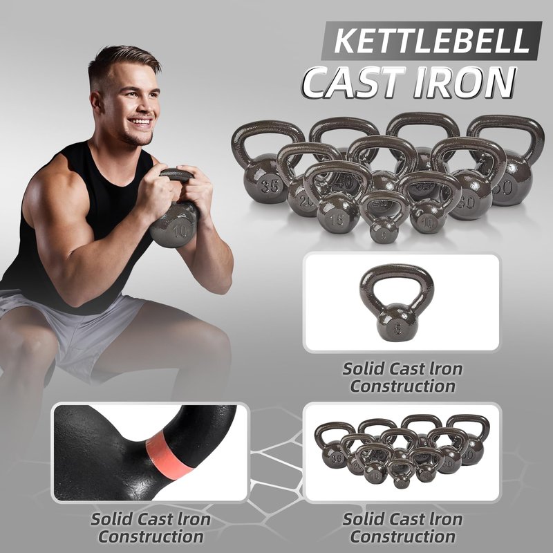 Fitvids Kettlebell Cast Iron Solid Smooth Weights for Strength Training, 5 lbs