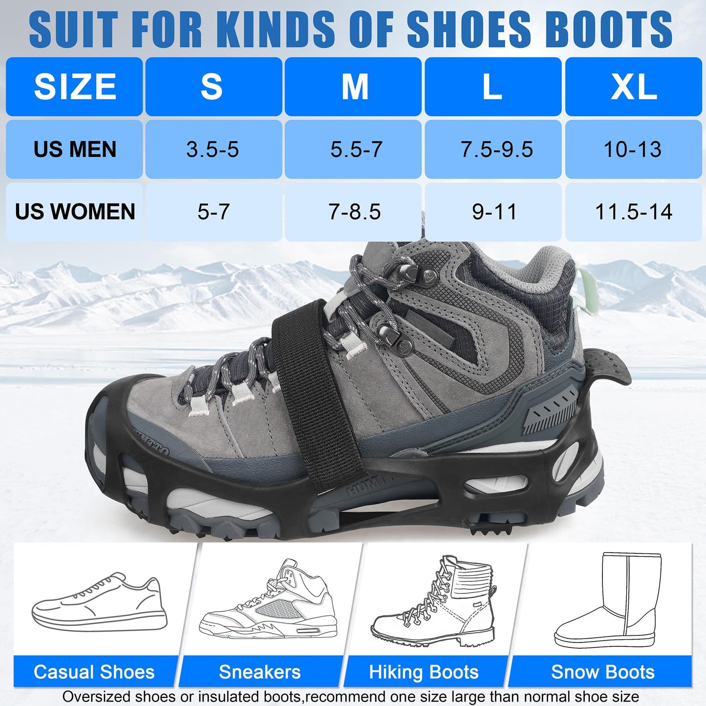 Ice Cleats, Crampons Snow Traction Ice Cleats for Shoes and Boots Women Men, Non Slip Grippers Spikes for Shoes with Straps, Slip-on Rubber Overshoe Stretch Footwear for Winter Walking Hiking Fishing