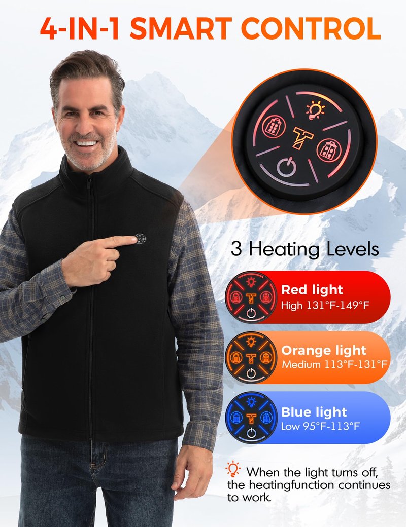 TODWARM Men Heated Vest with Battery Pack Included, Fleece Electric Heating Vests 15-Zone Warming for Winter 7.4V, L