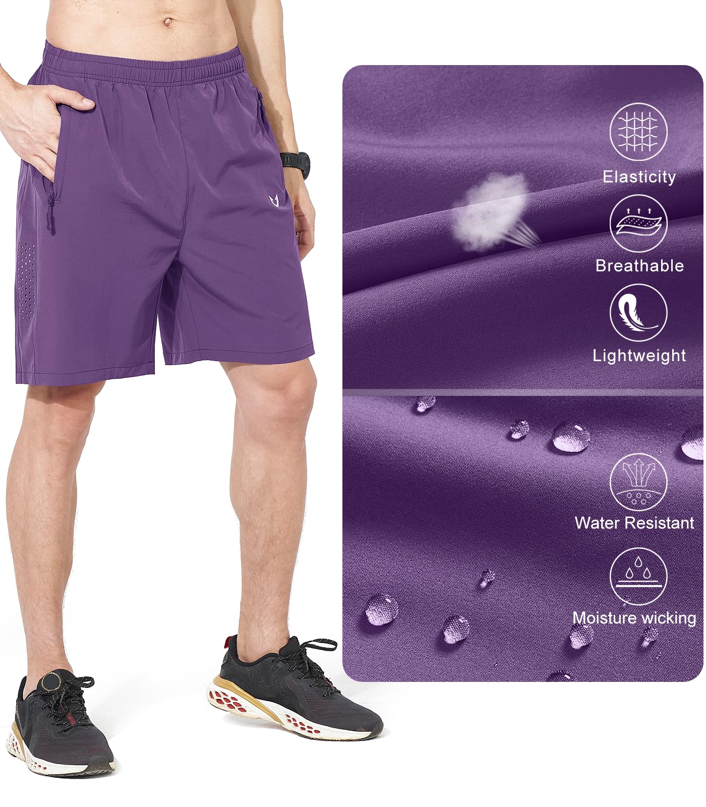 NORTHYARD Men's Athletic Running Shorts Gym Workout 7"/9"/5" Quick Dry Lightweight Sports Basketball Tennis 3 Zipper Pockets Purple 3XL