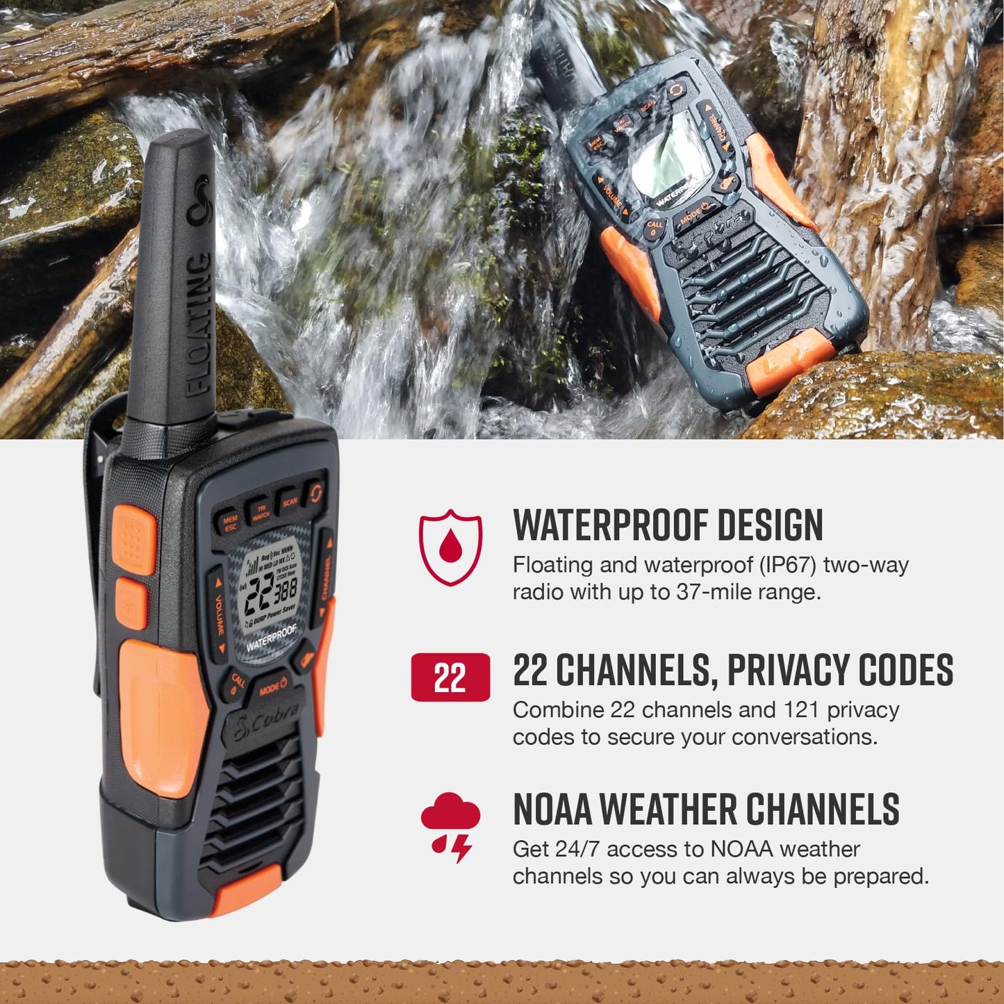 Cobra ACXT1037R FLT Floating Walkie Talkie - Waterproof, Rechargeable, Long Range up to 37-Mile Two Way Radio with NOAA Weather Alert & VOX, (1 Pack)