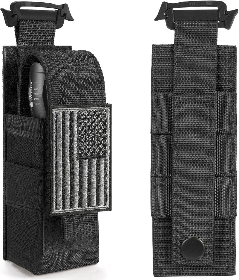 Tactical Flashlight Holster - Adjustable Molle Pouch for Duty Belt or Backpack | Includes USA Flag Patch