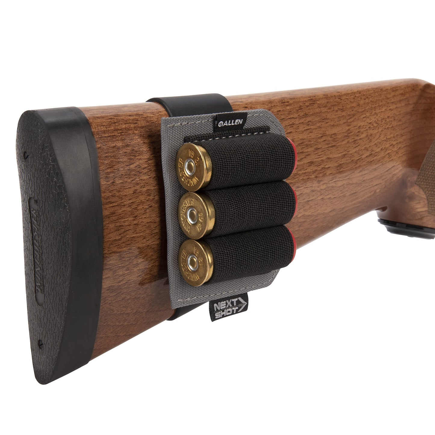 Allen Next Shot Shotgun Shell Carrier - 3 Shell Buttstock Holder for 12, 16, 20 Gauge, Silicone Band, Black/Gray