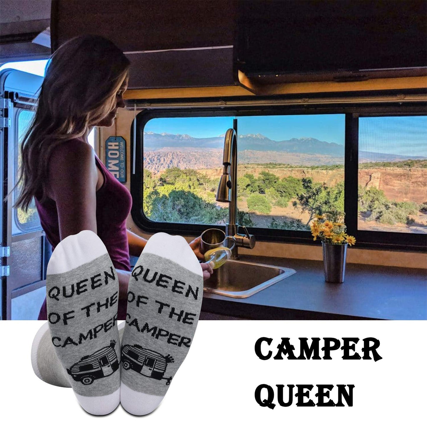 Queen of the Camper Socks Outdoor Camping Camper Girls Novelty Socks RV Gift Happy Camper Gift King of The Camper (Camper Queen)