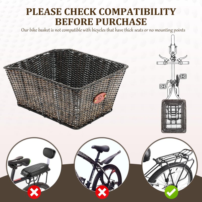 PIREKZUNT Bike Basket Rear, 16"X11.4"X7.4" Natural Rattan Beach Cruiser Bike Rear Basket with Waterproof Cover,Cargo Net, Handmade Woven Rectangular Bicycle Rear Basket for Women's and Mens Cruiser