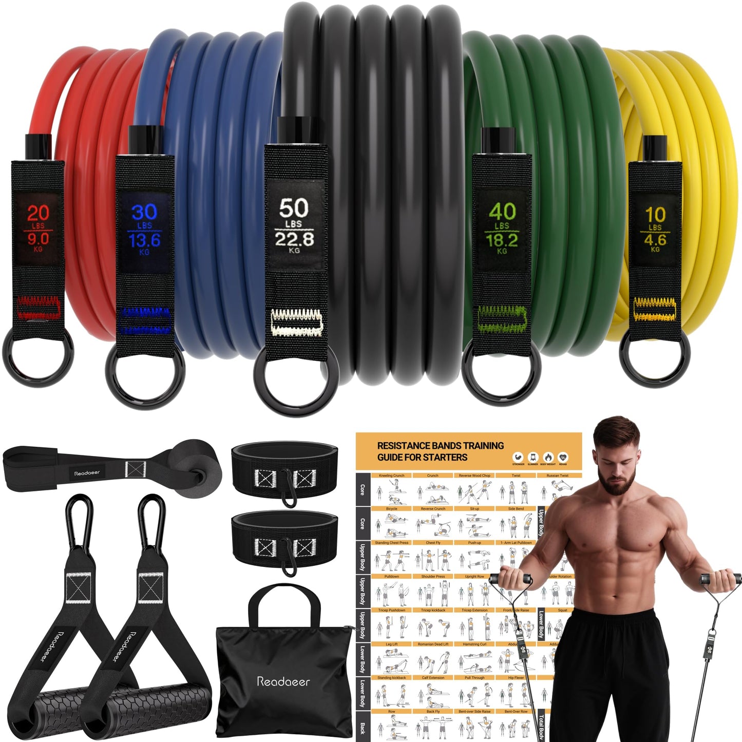 Readaeer Resistance Bands, Exercise Bands for Working Out, Work Out Bands with Handles for Men and Women for Indoor and Outdoor Sports