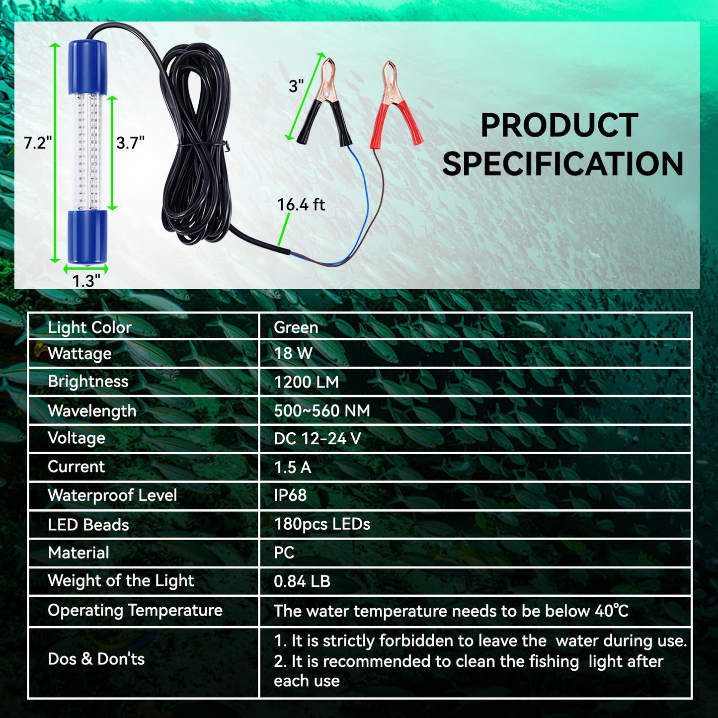 18W Green Underwater Fishing Light, IP68 Waterproof LED Fish Bait Light 1200LM Submersible Attractants Lamp on Boats/Docks for Night Snook Crappie with Battery Clips, DC 12-24V, 16.4ft Cable