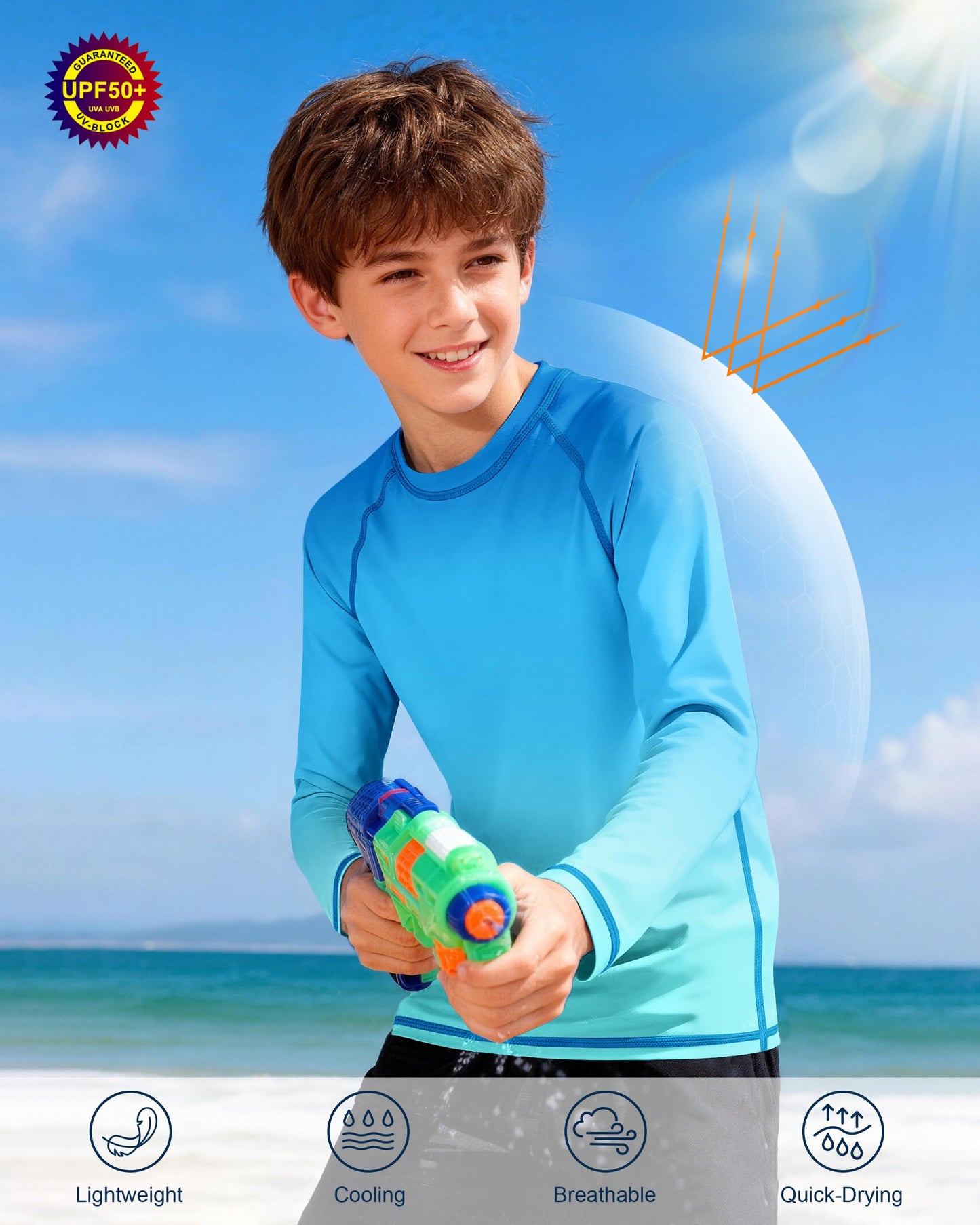 Boys UPF 50+ Swim Shirt Long Sleeve, 1 or 2 Pack UV Sun Protection Rash Guard, Youth Kids SPF Water Shirts for Beach Surf