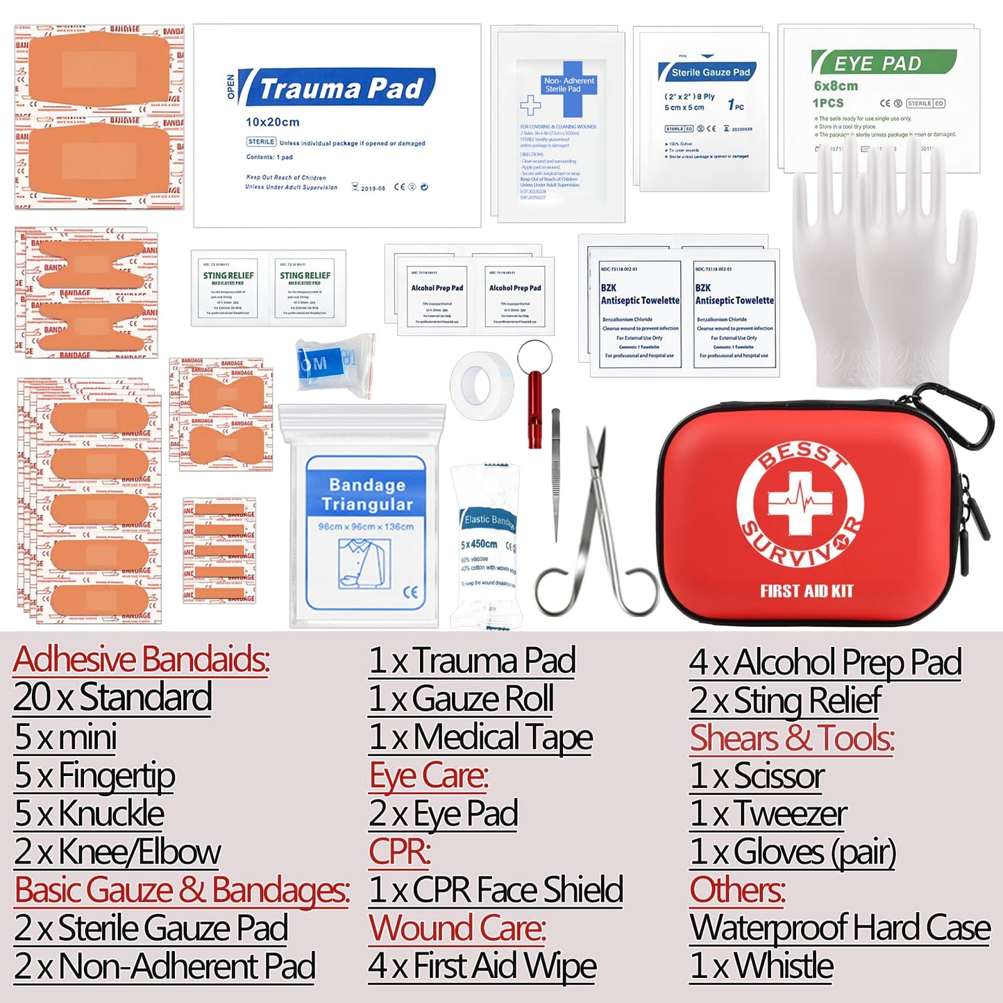 Portable First Aid Kit -Small First Aid Kit, Compact Medical Kits with Compartments EVA Case for Camping, Hiking, Car, Home,Sports - Emergency & Medical Supplies Red