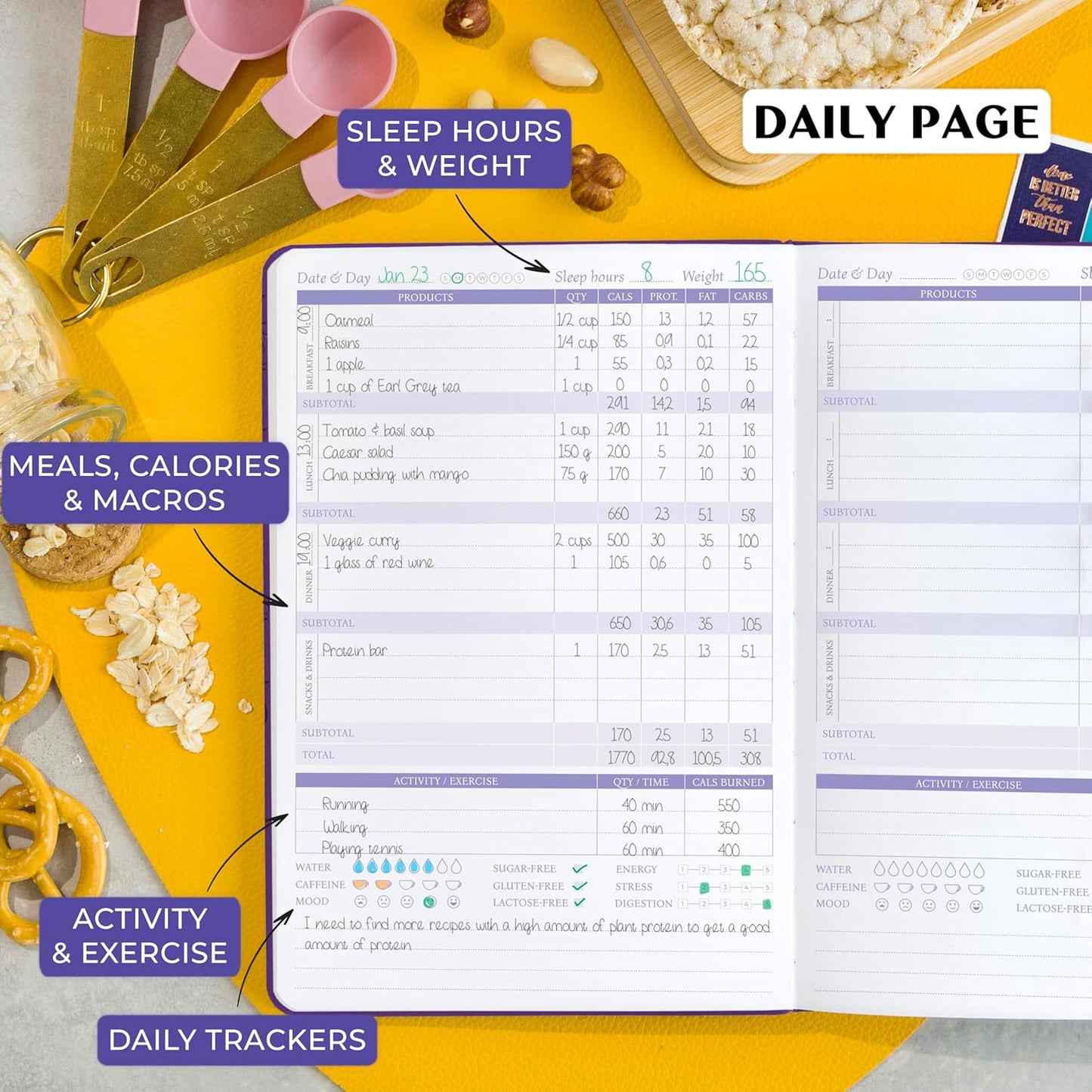 Wellness Planner & Food Journal - Daily Diet & Health Tracker with Weight Loss & Exercise Logs | A5 Size, Purple