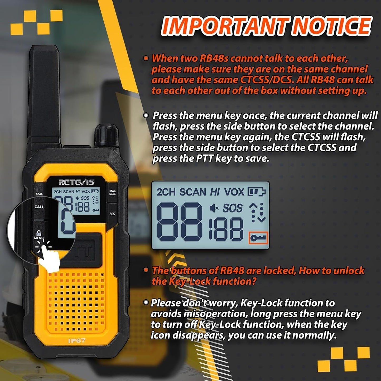 Retevis Walkie Talkies - Long Range Waterproof Two Way Radios with Earpiece | 2000mAh, VOX, NOAA (2 Pack)