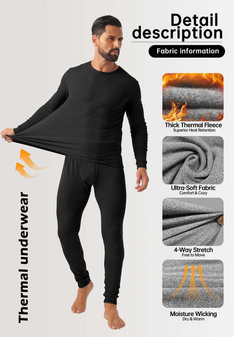 Askdeer Long Johns Thermal Underwear for Men Fleece Lined Heavyweight Thermal Base Layer Sets Black