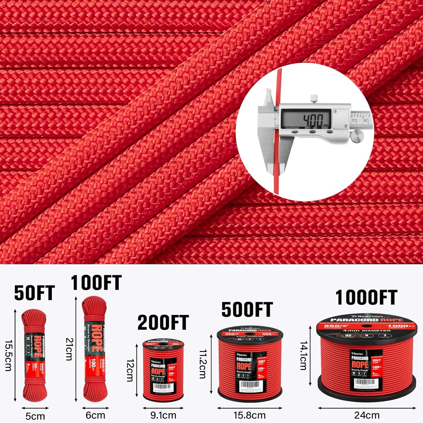 Paracord Rope 550 lb - 200ft Heavy Duty 7-Strand Parachute Cord | Red Survival & Camping Gear
