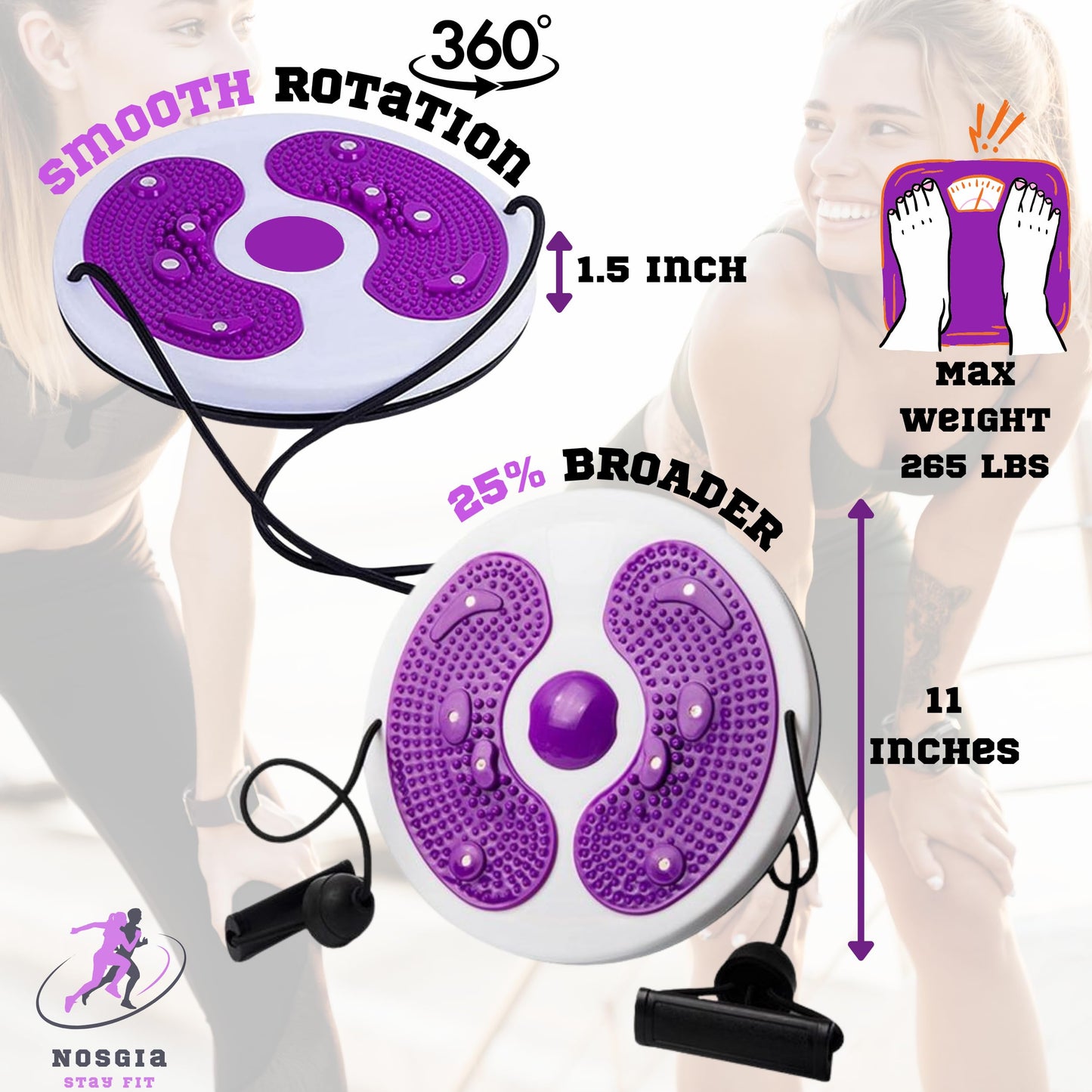 NOSGIA Purple Core Ab Twister Board - Double Rope for Exercise and Trainer 11 inch Abs Waist Twisting Disc with 8 Simply Power Magnets Reflexology Machine for Slimming and Strengthening Abdominal Exercise Workout Equipment