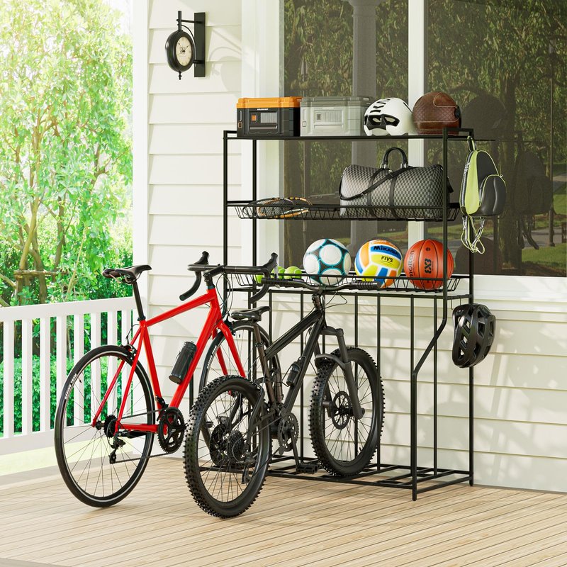 Kificet 4 Bike Stand, Bike Rack Garage with 3-Tier Storage Rack, Bicycle Stand for Garage Organizer, Indoor Sporting Gear Storage Station for Mountain/Road/Hybrid & Fat Tire Bike, Patent Pending