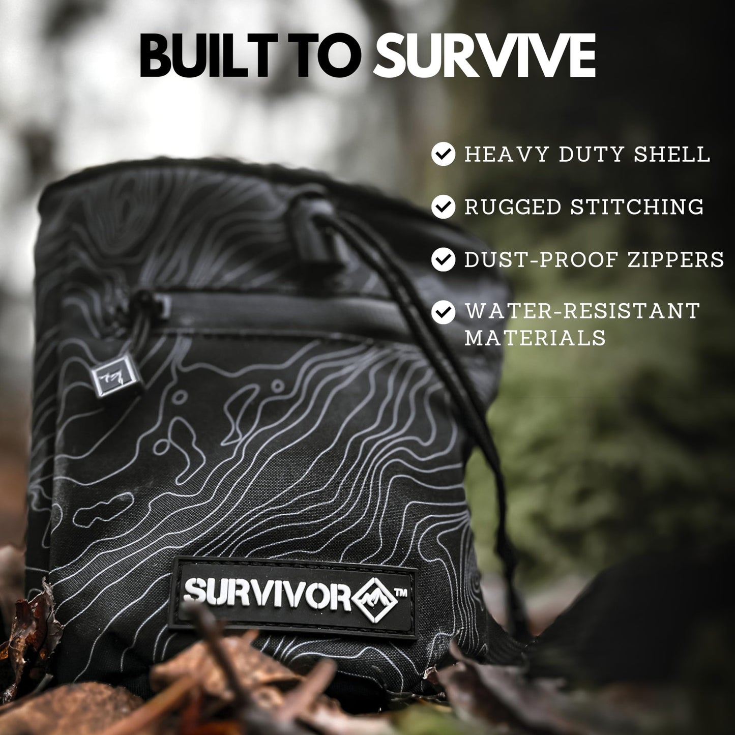 SURVIVOR Chalk Bag + Chalk Ball + Liquid Grip - Iconic Topographical Map, Draw String Closure, 2 Zippered Pockets, & Brush Holder - Bag for Rock Climbing, Bouldering, Weightlifting, Gymnastics & More