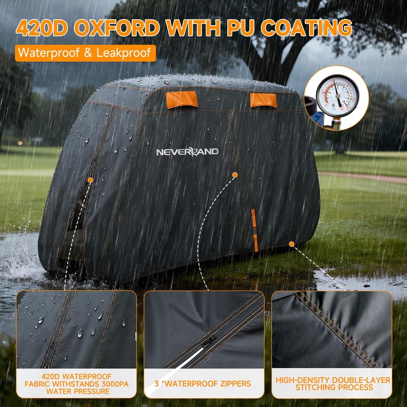 NEVERLAND Golf Cart Cover 4 Passenger, Heavy Duty 420D Golf Cart Covers, Waterproof Club Car Golf Cart Cover with Zipper Doors Compatible with EZGO Yamaha Club Car 4 Seat (Up to 115 Inch)