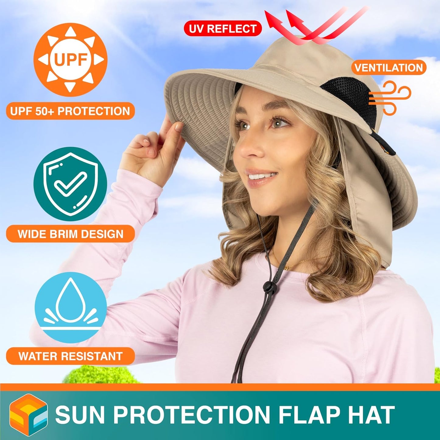 Wide Brim Sun Hat for Men & Women - UPF 50+ UV Protection, Mesh Boonie Hat with Chin Strap | Ideal for Fishing & Hiking