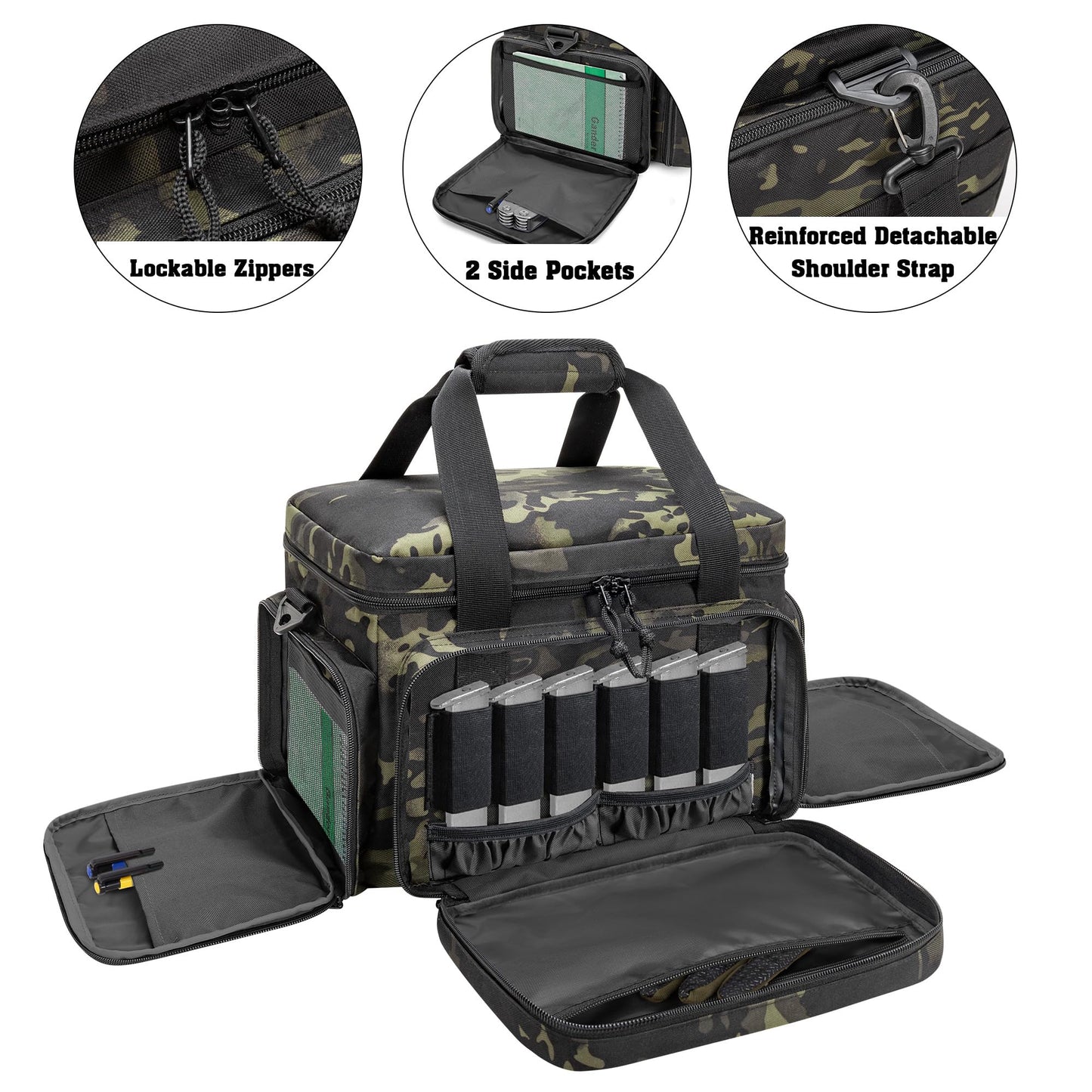 DSLEAF Tactical Gun Range Bag for 4 Handguns, Pistol Shooting Range Bag with 6X Magazine Slots and Extra Pockets for Ammo and Essentials