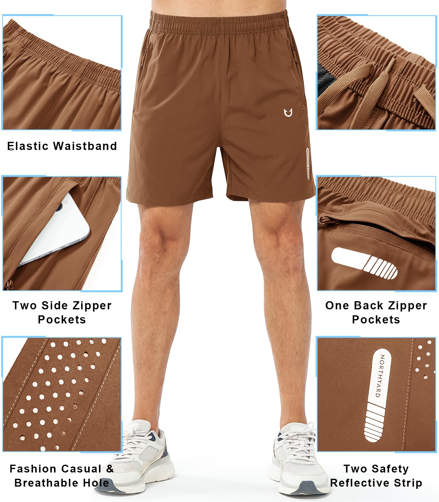 NORTHYARD Men's Athletic Running Shorts Gym Workout 7"/9"/5" Quick Dry Lightweight Sports Basketball Tennis 3 Zipper Pockets BROWN-5inch M