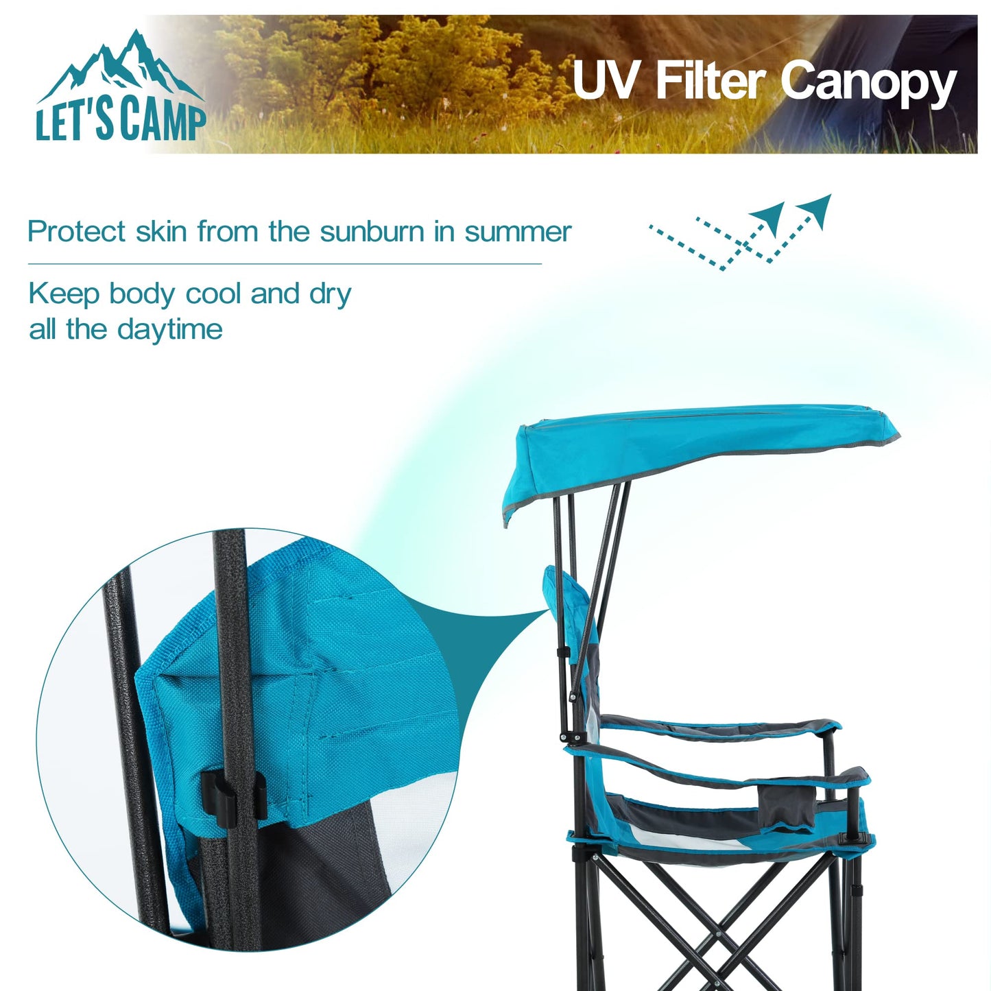 LET'S CAMP Camp Chair with Shade Canopy Folding Camping Chair with Cup Holder and Carry Bag for Outdoor Camping Hiking Beach, Heavy Duty 350 LBS